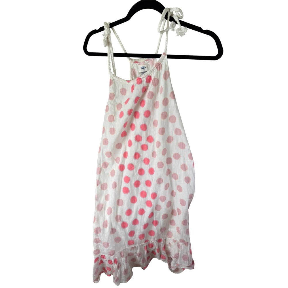 Old Navy XL 14 Pink Polka Dot Cotton Gauze Halter Ruffle Dress White